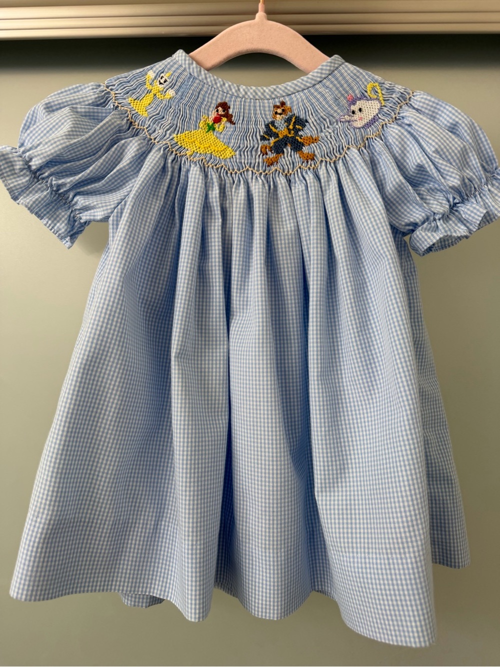 Beauty and the Beast Smocked Light Blue Gingham Baby Dress 6M